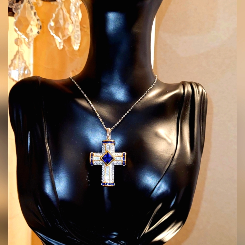 Diamonique White Pave Crystals & Blue Sapphire Baggetts Cross Necklace.